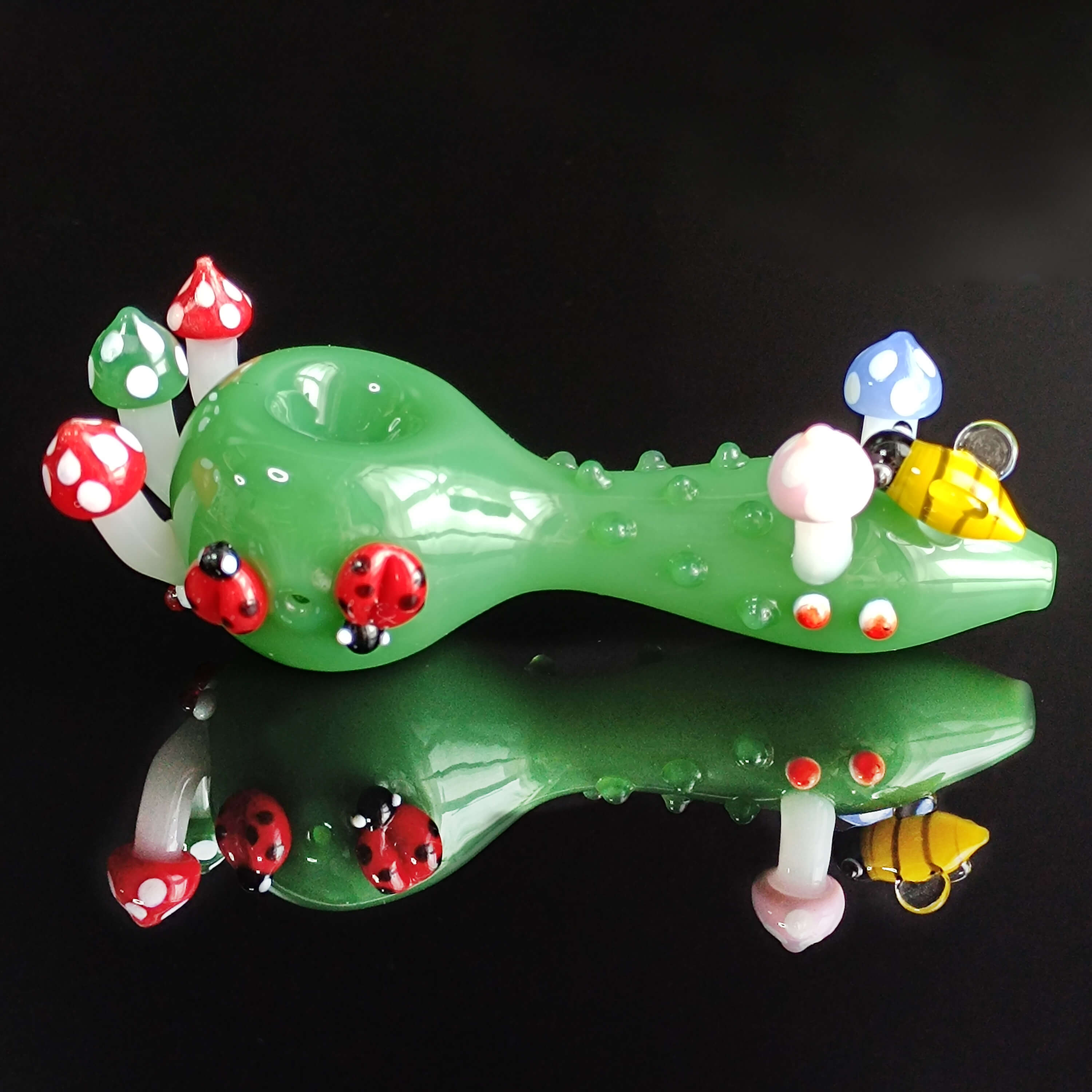 Green Ladybug and Mushroom Glass Pipe