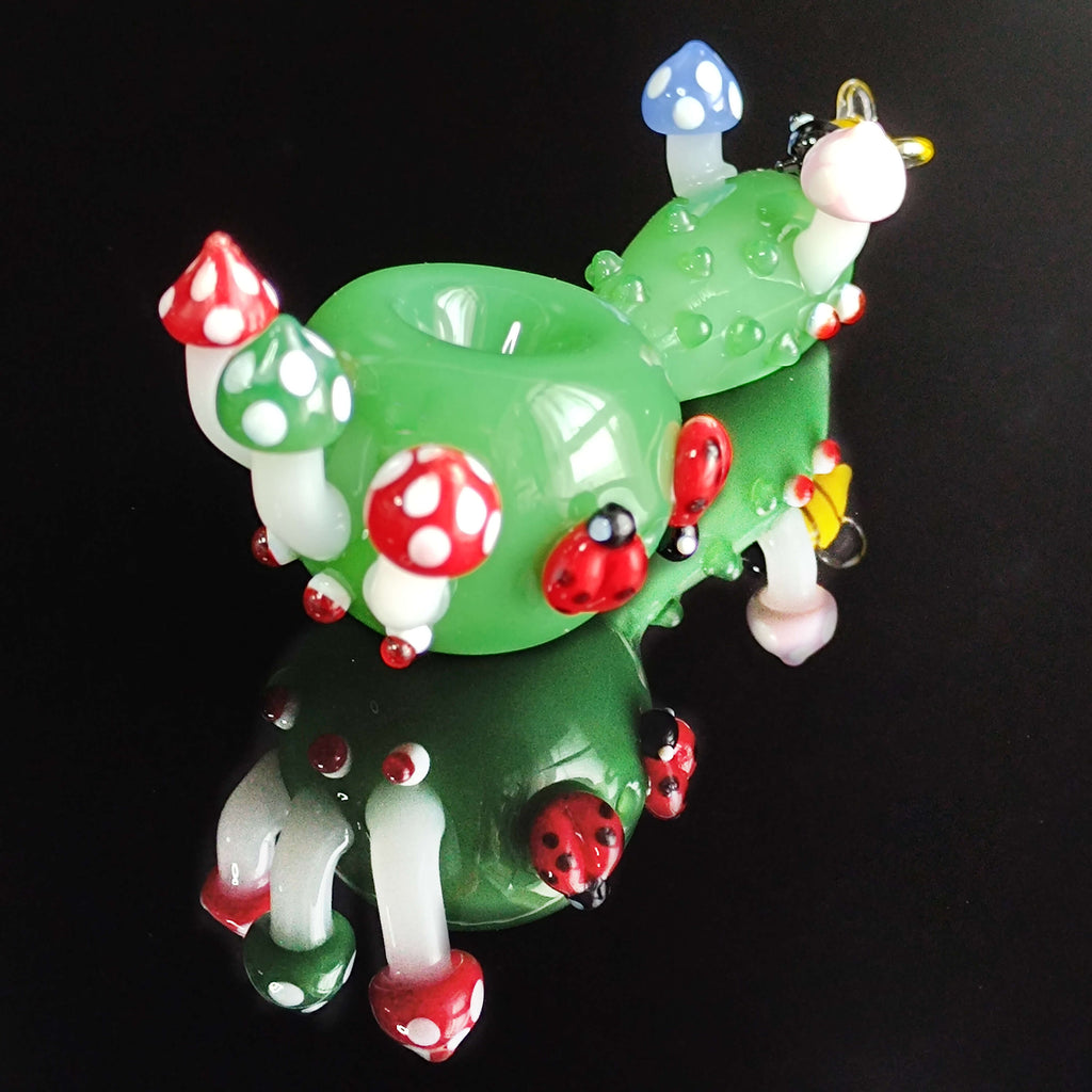 Green Ladybug and Mushroom Glass Pipe