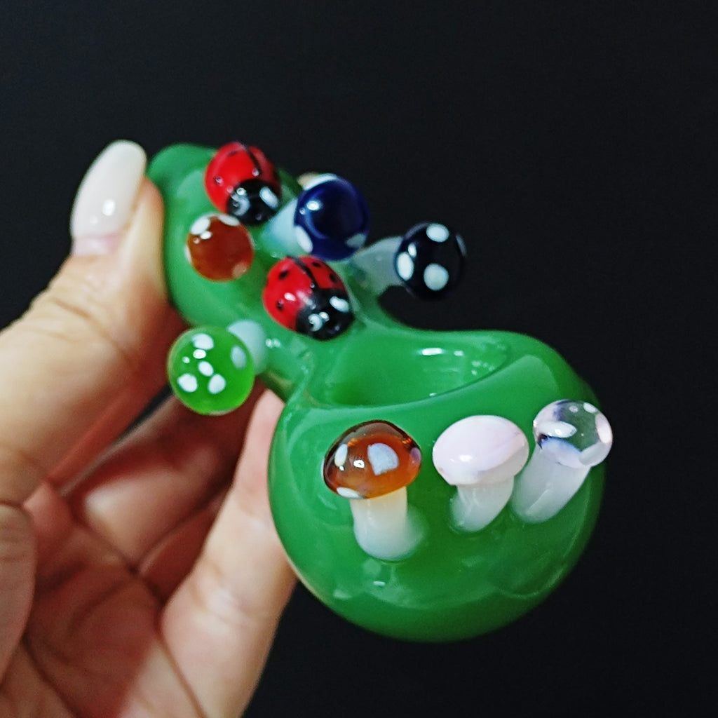 Handmade Green Glass Pipe with Mushroom & Ladybug Accents