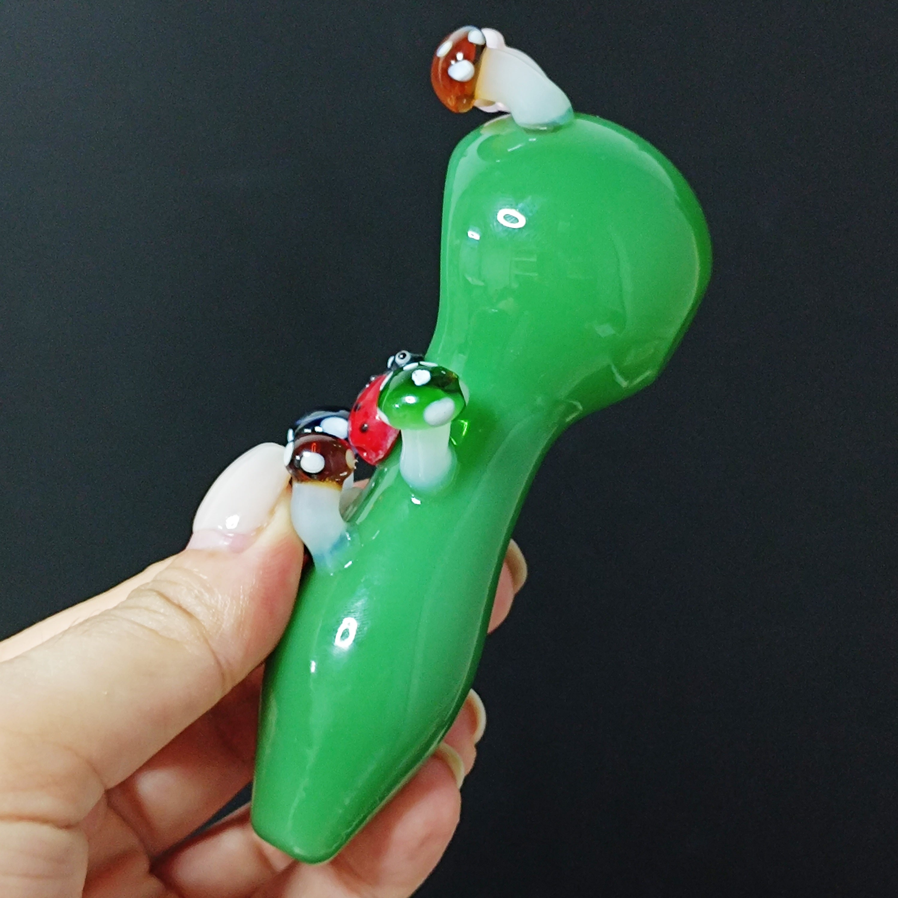 Handmade Green Glass Pipe with Mushroom & Ladybug Accents