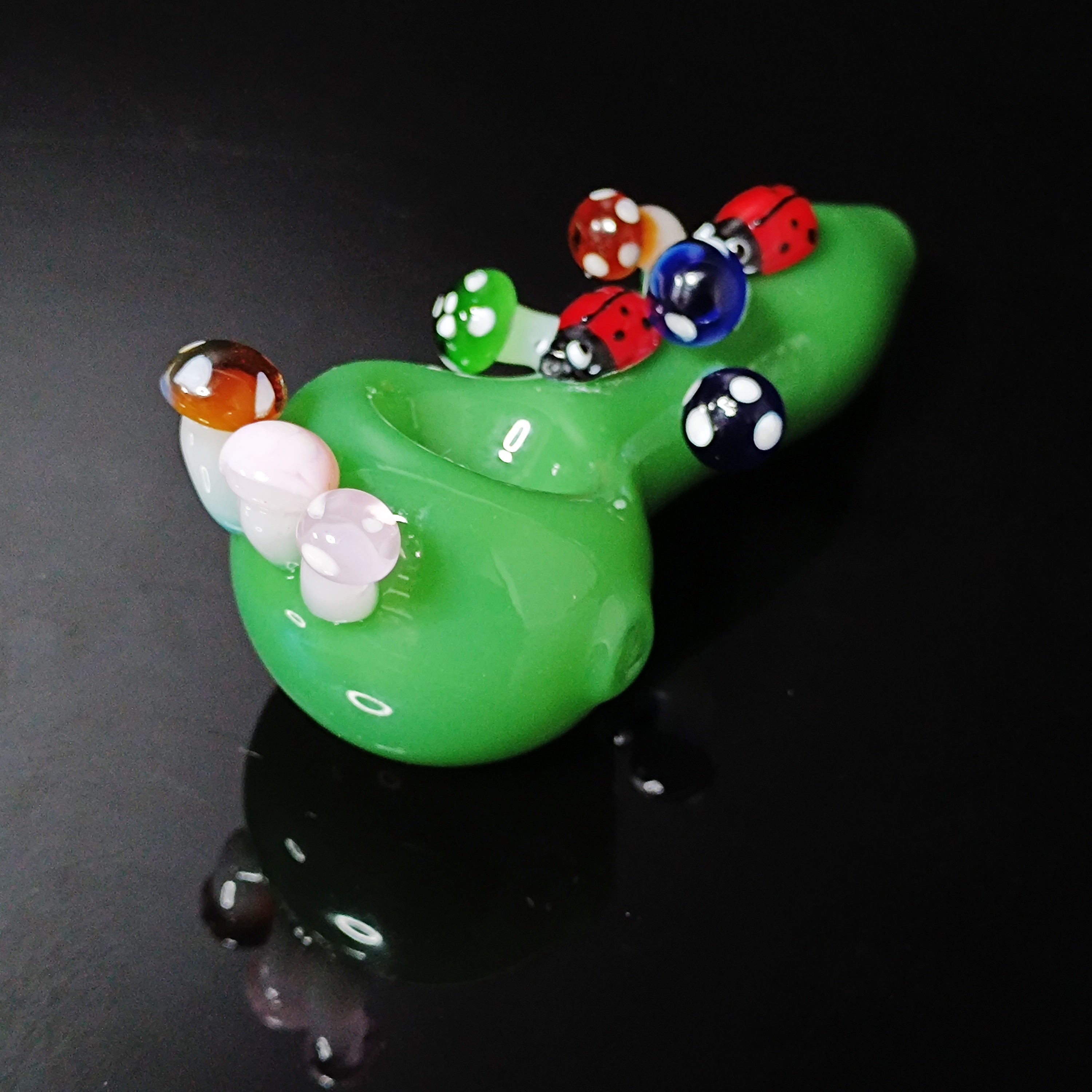 Handmade Green Glass Pipe with Mushroom & Ladybug Accents
