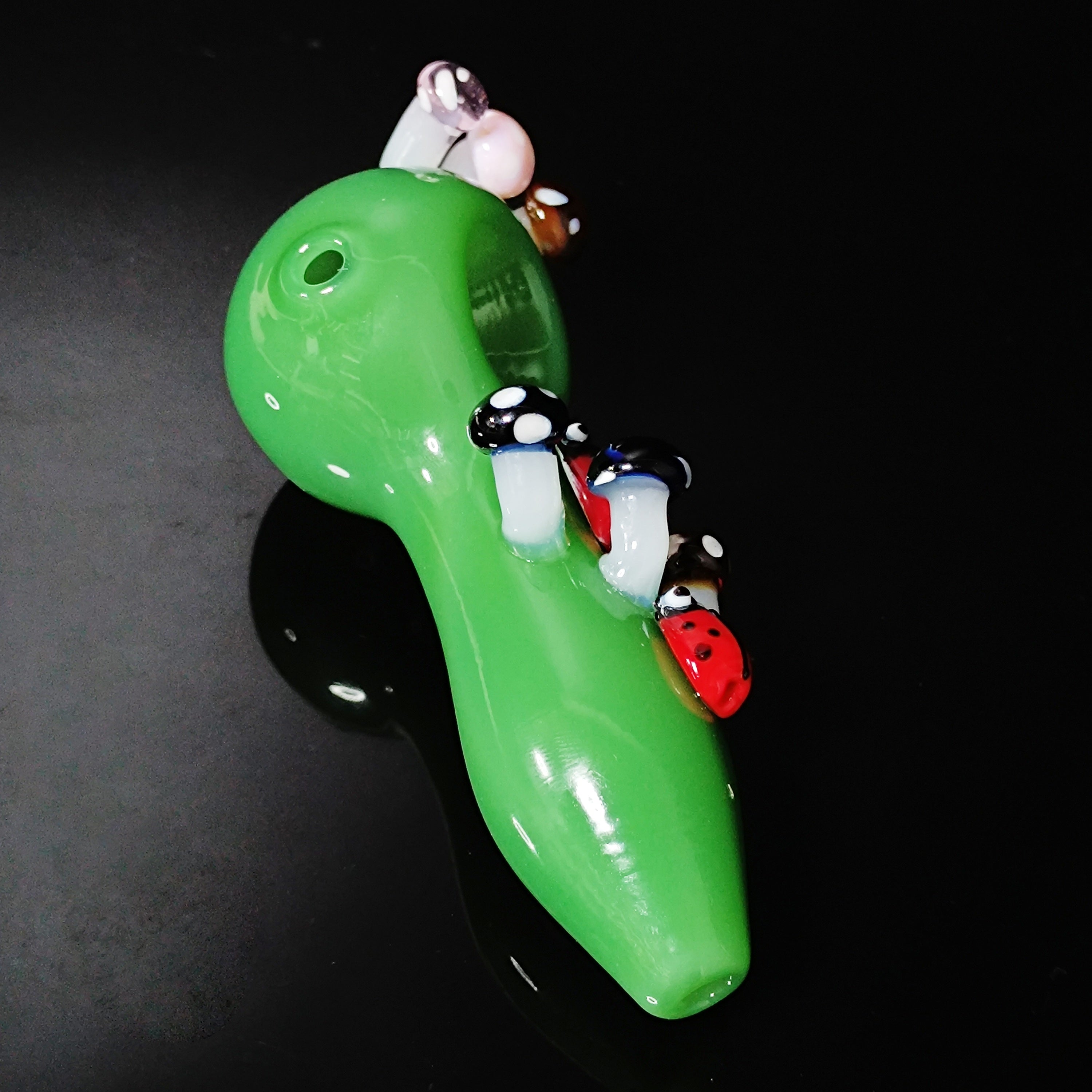 Handmade Green Glass Pipe with Mushroom & Ladybug Accents