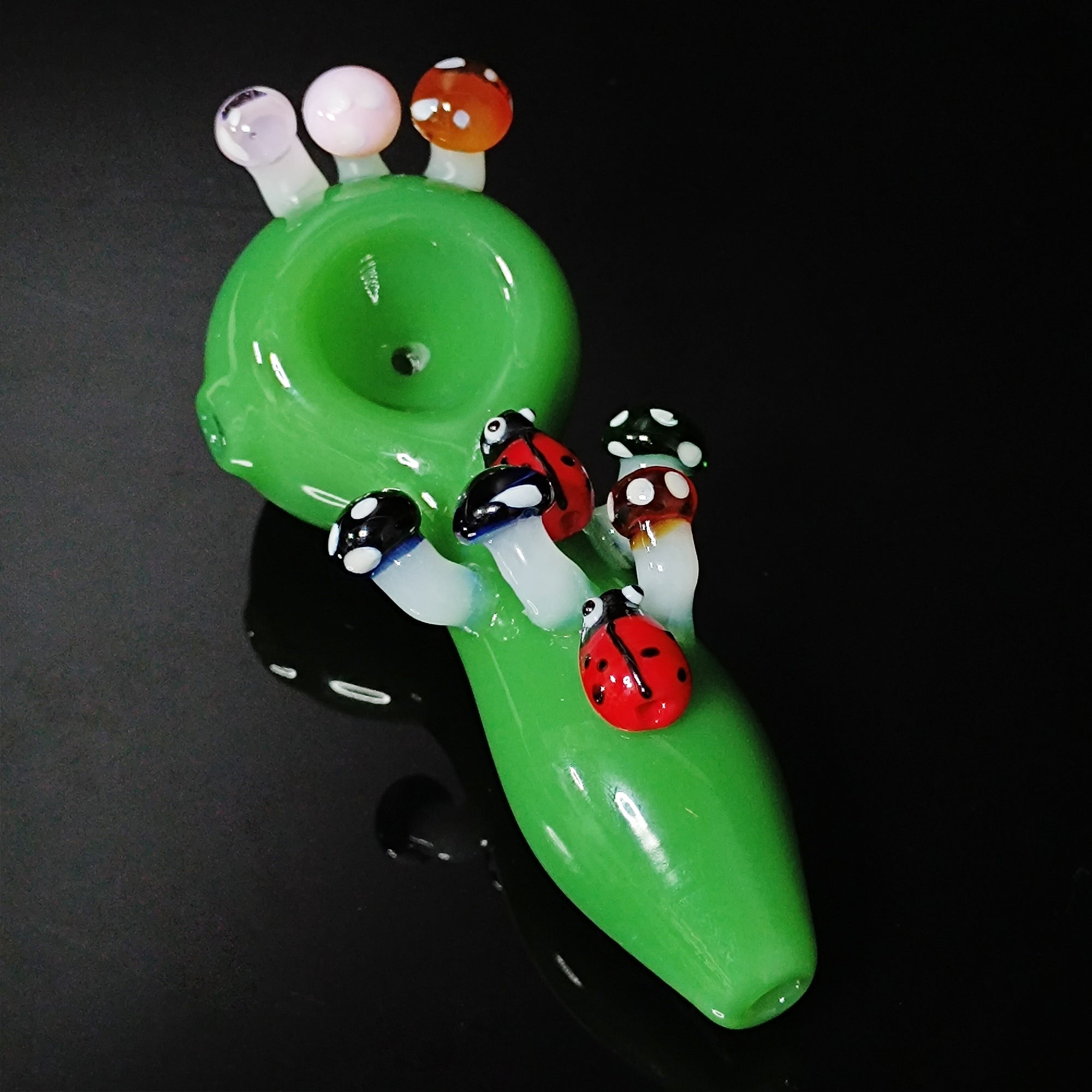Handmade Green Glass Pipe with Mushroom & Ladybug Accents